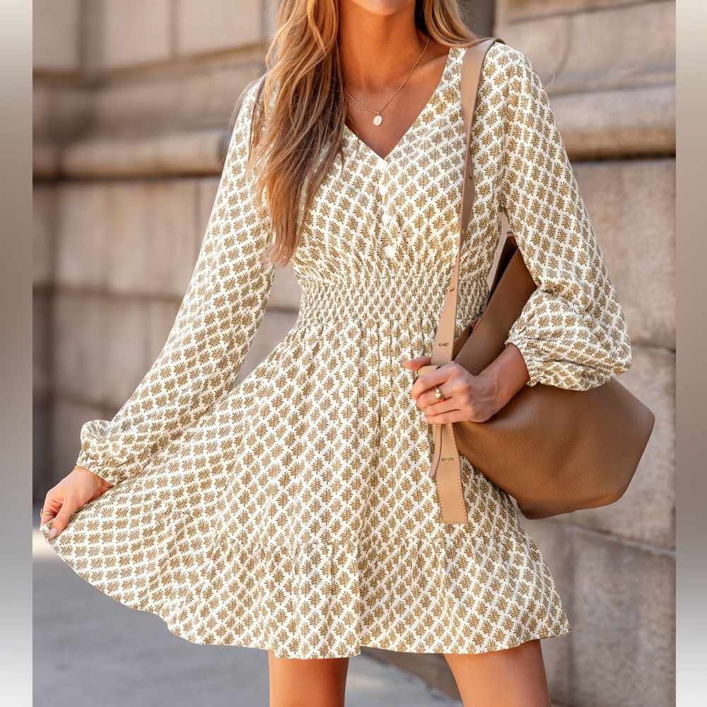NWT CupShe Elegant Cream and Brown Patterned Dress
